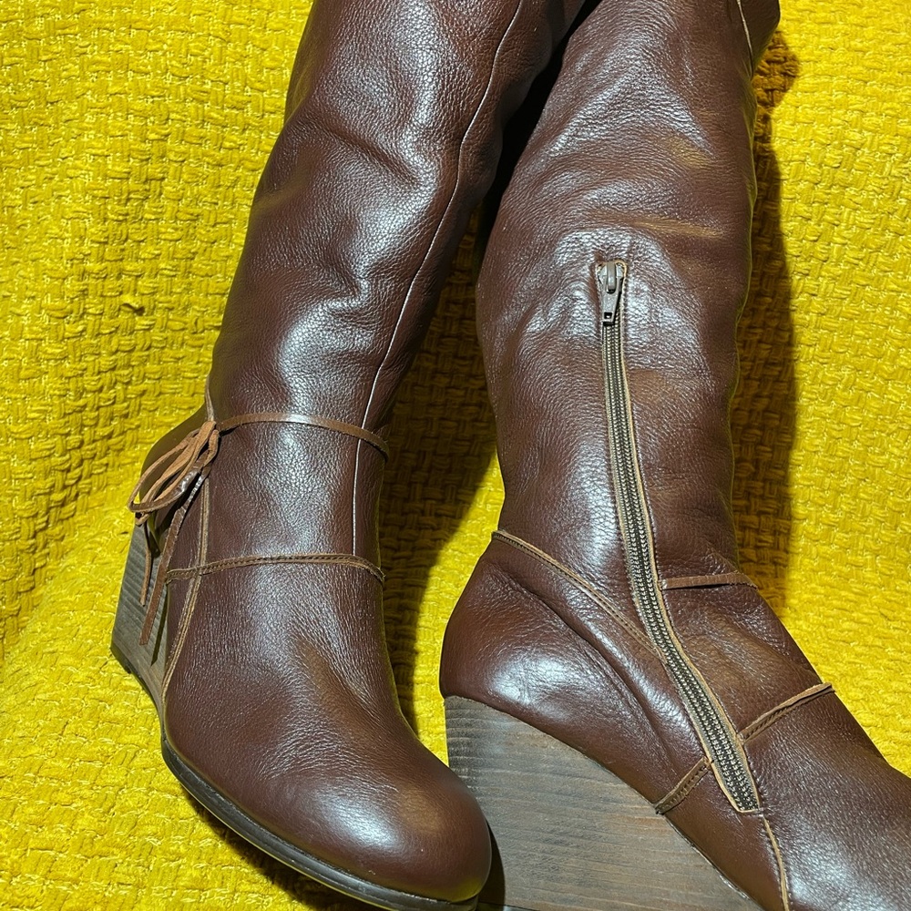 Coclico Merlot vintage knee high leather wedge heels boots